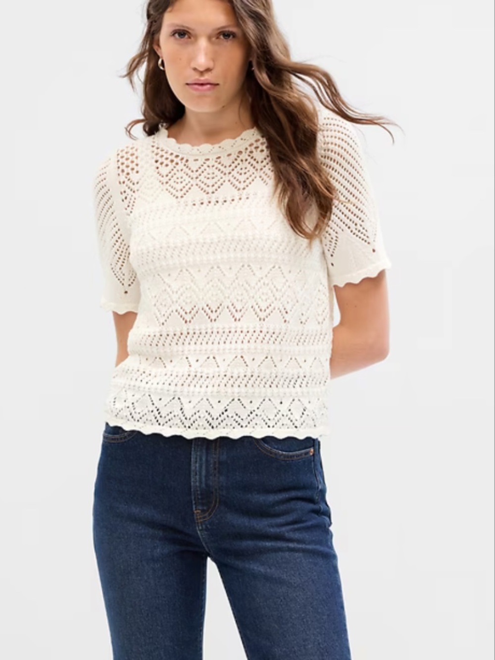Gap Crochet Short Sleeve Top XS Off-White Cotton Cottagecore Retro Open Whimsy
